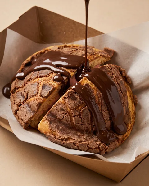 A chocolate concha filled with ice cream and chocolate drizzle