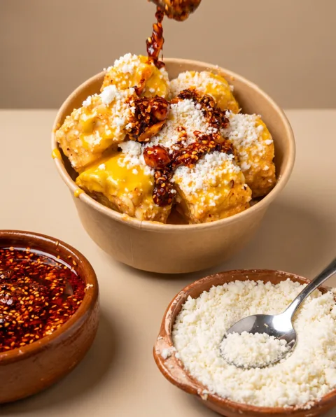 Elotitos Macha finished with cheese, chili and hot sauce