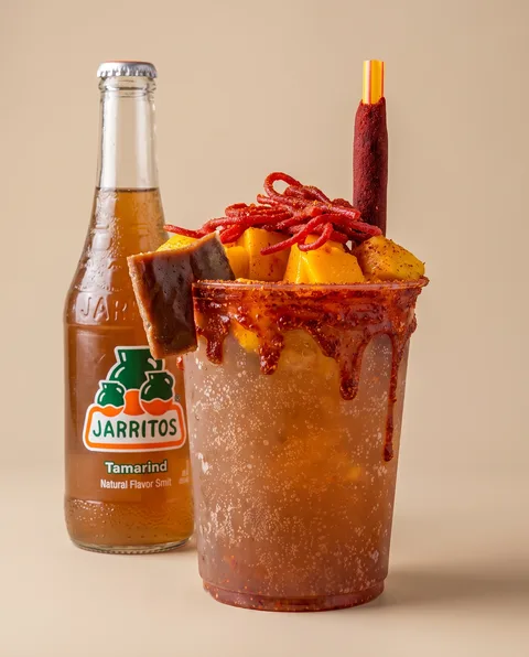 A prepared tamarind Jarritos with chamoy and hot chips