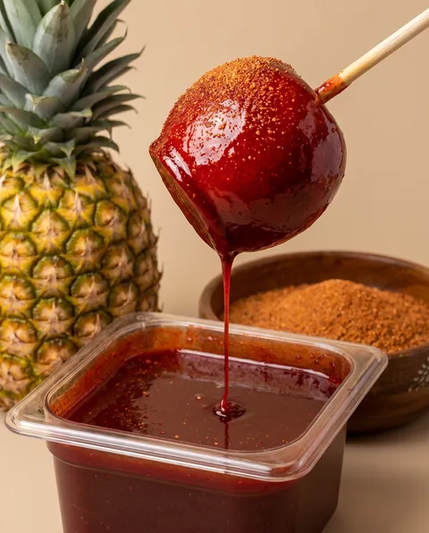 A red chamoy-covered jicaleta beside pineapple and chili