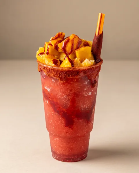 A bright red mangonada topped with mango and chamoy