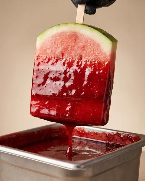 A watermelon paleta dipped in chamoy