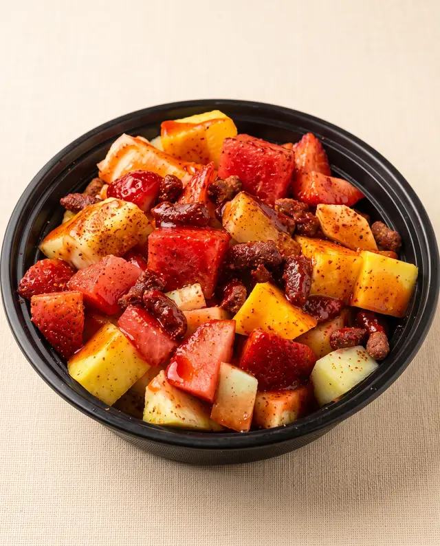 Un vaso de fruta de Poloco: sandía, piña, mango y fresa en un tazón negro con chamoy y chile