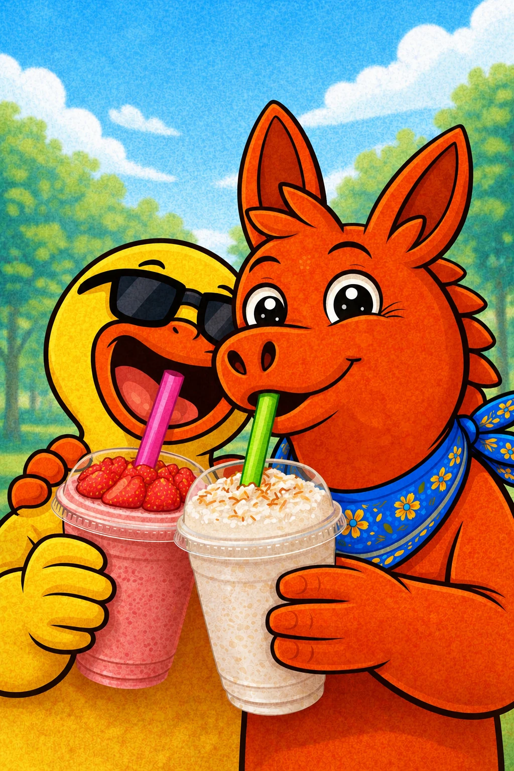Poloco and Duckardo enjoying two drinks