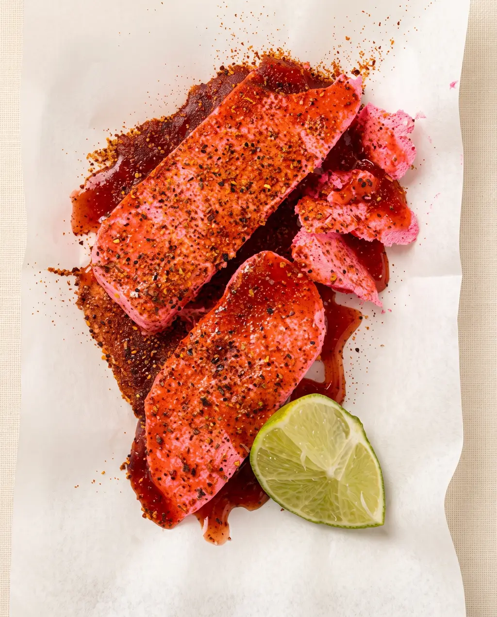 Fresh pink turrón dusted with chili and chamoy, served with a lime wedge